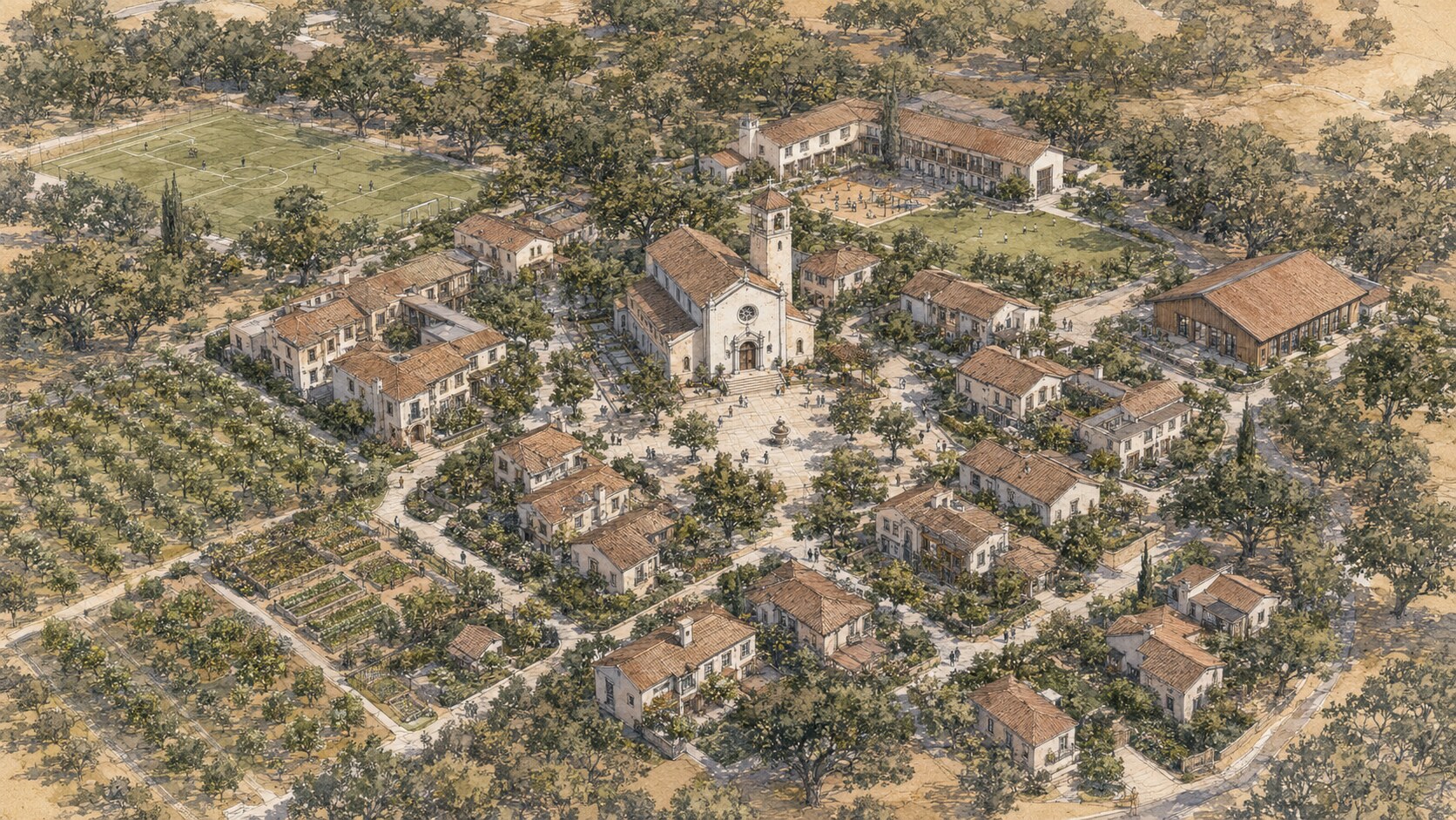 Architectural village plan centered on a chapel and public square